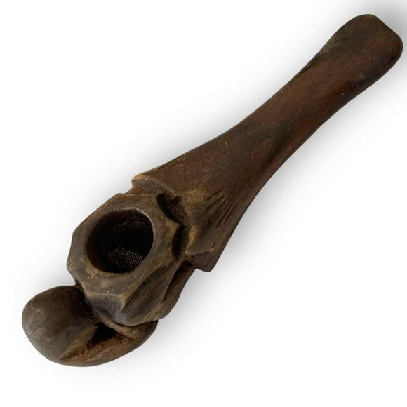 Vintage Hand-Carved Dark Wood Pipe Sculpture Abstract Figure Antique African Art - Picture 5 of 16